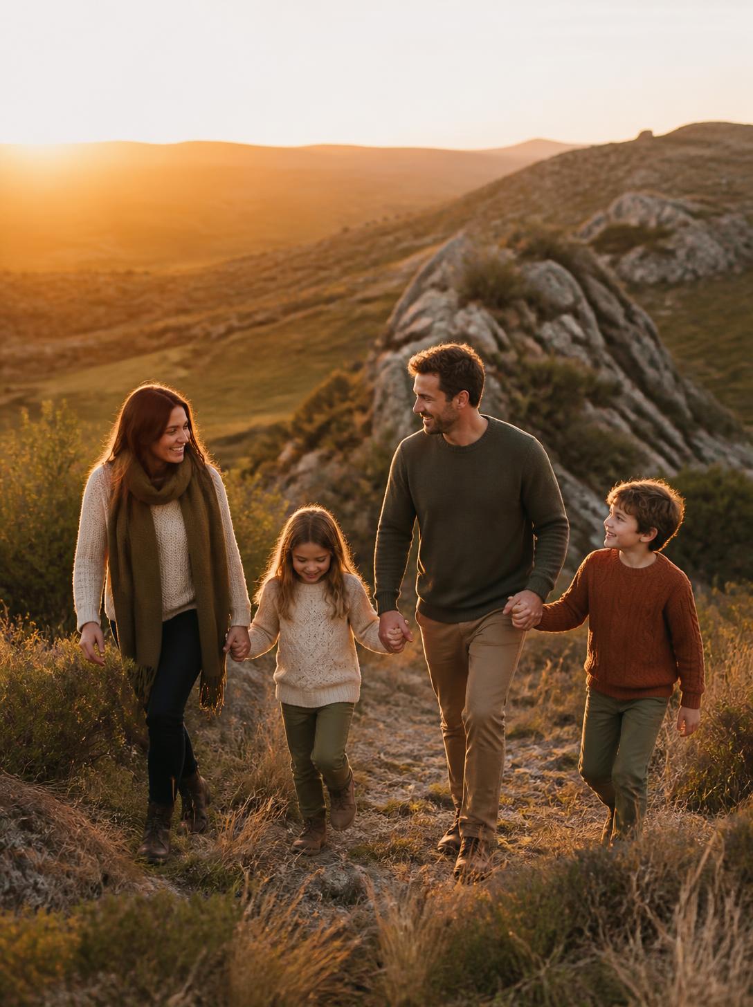 Familia caminando de la mano por las sierras de Tandil al atardecer